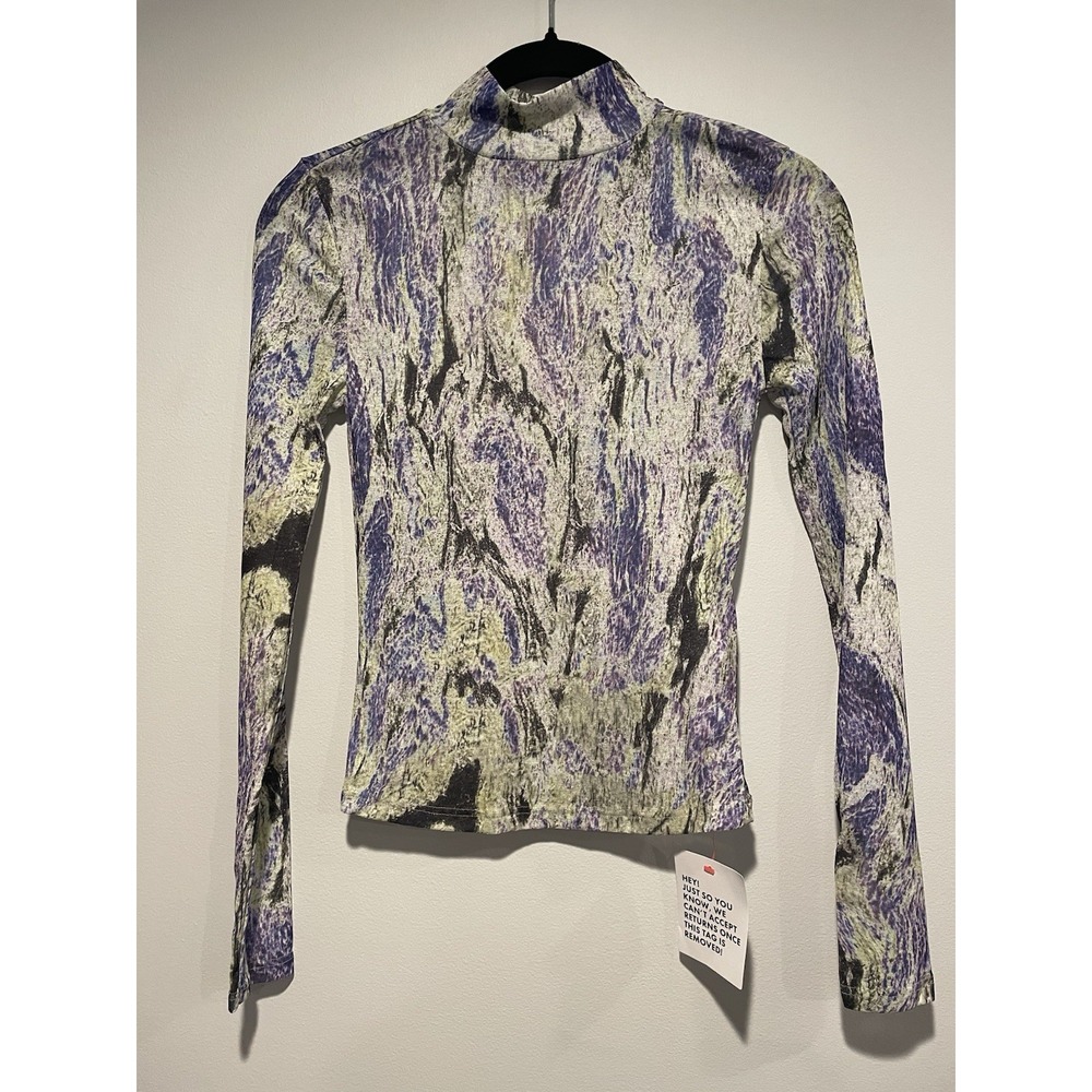 Topshop Mock Neck Sheer Mesh Top Size 0-2 Long Sleeve Purple Marble Multi XS